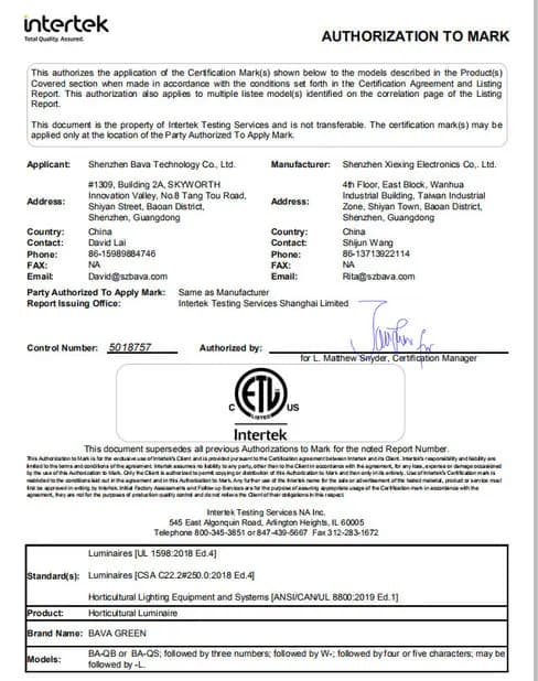 ETL and cETL certificate, Intertek 5018757